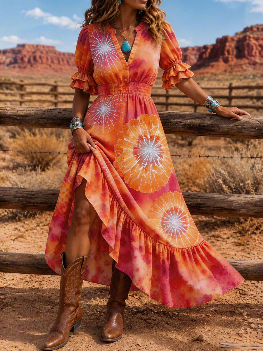 Women's Retro Art Print Washed Cotton Layered Patchwork Midi Dress